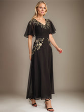 A-line V-Neck Ankle-Length Chiffon Mother of the Bride Dress With Bow Sequins Appliques Lace
